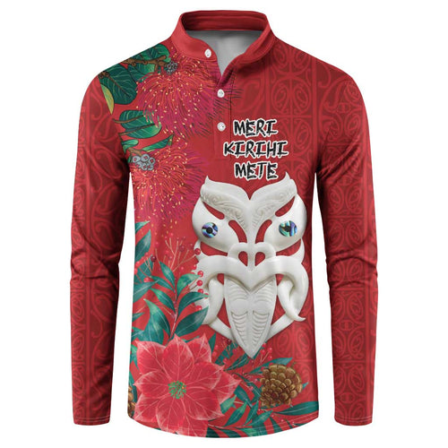 Maori Wheku Meri Kirihimete Personalised Button Sweatshirt All Red Indigenous Maori Motif - Aussie Hoodie