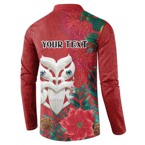 Maori Wheku Meri Kirihimete Personalised Button Sweatshirt All Red Indigenous Maori Motif - Aussie Hoodie