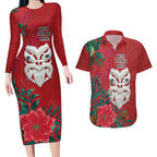 Maori Wheku Meri Kirihimete Personalised Couples Matching Long Sleeve Bodycon Dress and Hawaiian Shirt All Red Indigenous Maori Motif - Aussie Hoodie