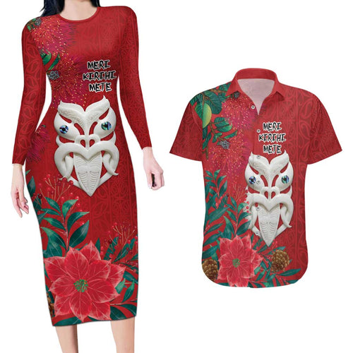 Maori Wheku Meri Kirihimete Personalised Couples Matching Long Sleeve Bodycon Dress and Hawaiian Shirt All Red Indigenous Maori Motif - Aussie Hoodie