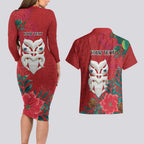 Maori Wheku Meri Kirihimete Personalised Couples Matching Long Sleeve Bodycon Dress and Hawaiian Shirt All Red Indigenous Maori Motif - Aussie Hoodie