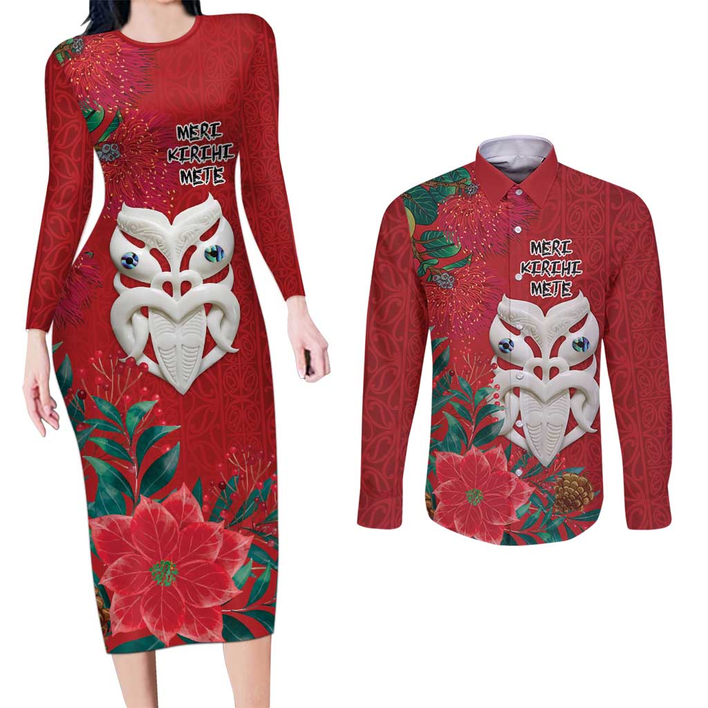 Maori Wheku Meri Kirihimete Personalised Couples Matching Long Sleeve Bodycon Dress and Long Sleeve Button Shirt All Red Indigenous Maori Motif - Aussie Hoodie