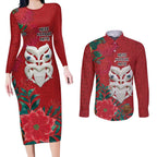 Maori Wheku Meri Kirihimete Personalised Couples Matching Long Sleeve Bodycon Dress and Long Sleeve Button Shirt All Red Indigenous Maori Motif - Aussie Hoodie