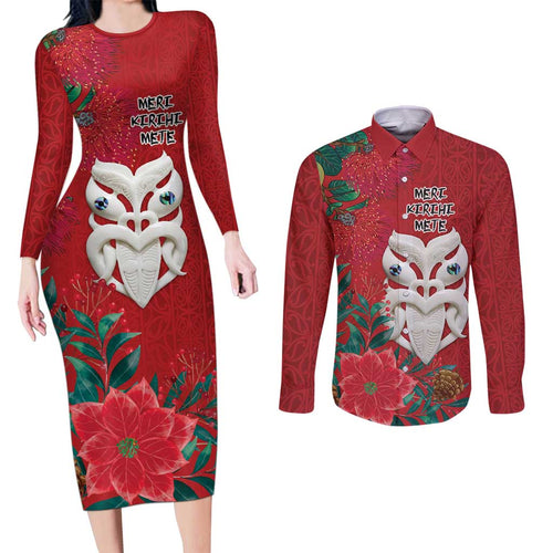Maori Wheku Meri Kirihimete Personalised Couples Matching Long Sleeve Bodycon Dress and Long Sleeve Button Shirt All Red Indigenous Maori Motif - Aussie Hoodie