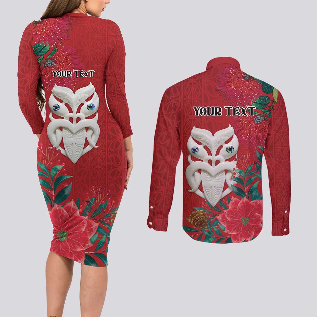 Maori Wheku Meri Kirihimete Personalised Couples Matching Long Sleeve Bodycon Dress and Long Sleeve Button Shirt All Red Indigenous Maori Motif - Aussie Hoodie