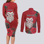 Maori Wheku Meri Kirihimete Personalised Couples Matching Long Sleeve Bodycon Dress and Long Sleeve Button Shirt All Red Indigenous Maori Motif - Aussie Hoodie