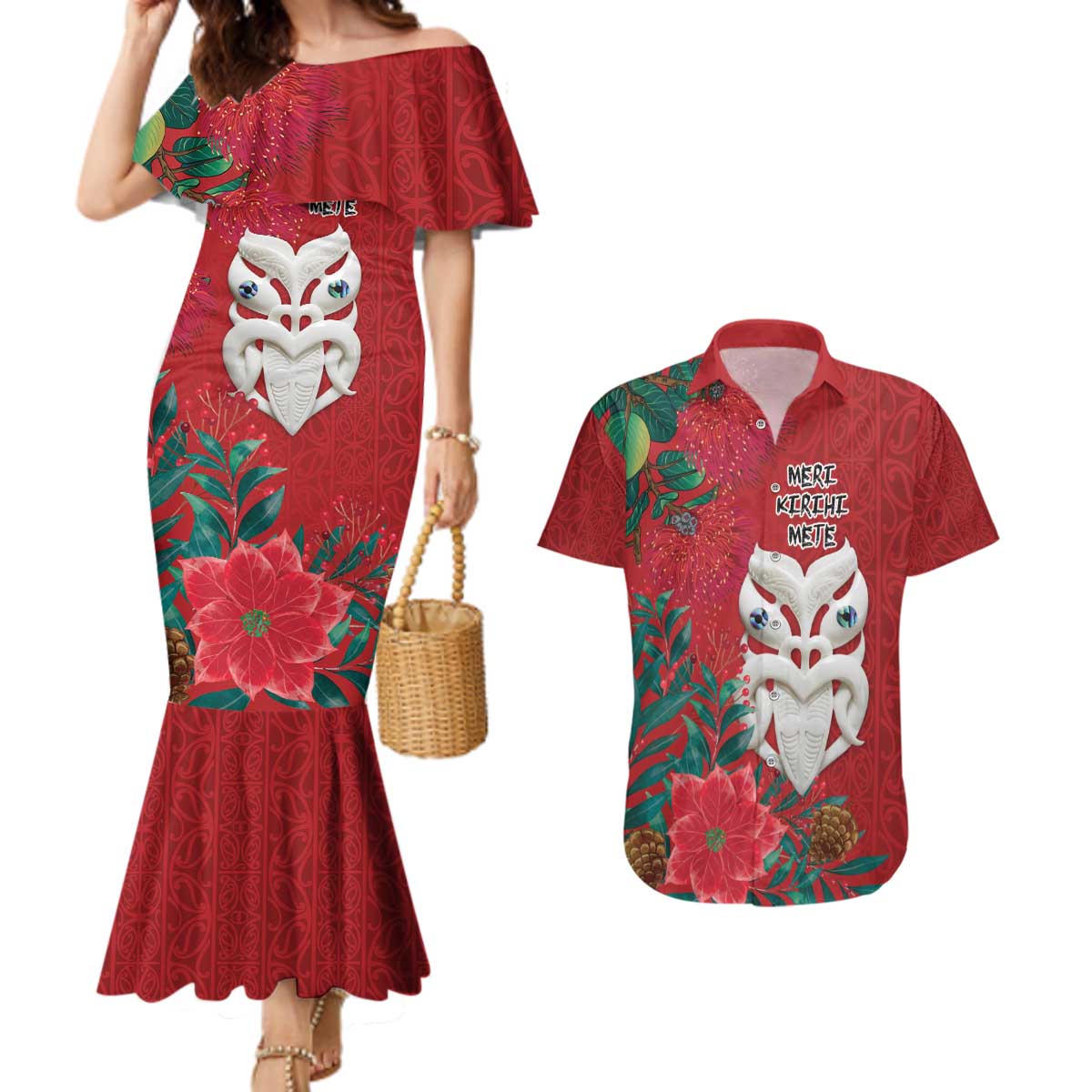 Maori Wheku Meri Kirihimete Personalised Couples Matching Mermaid Dress and Hawaiian Shirt All Red Indigenous Maori Motif - Aussie Hoodie