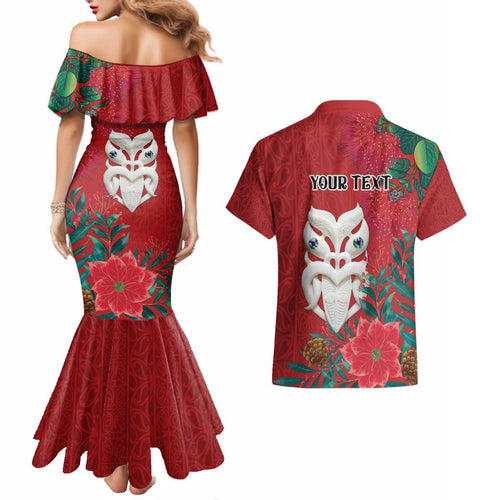Maori Wheku Meri Kirihimete Personalised Couples Matching Mermaid Dress and Hawaiian Shirt All Red Indigenous Maori Motif - Aussie Hoodie