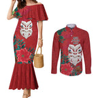 Maori Wheku Meri Kirihimete Personalised Couples Matching Mermaid Dress and Long Sleeve Button Shirt All Red Indigenous Maori Motif - Aussie Hoodie