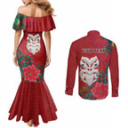 Maori Wheku Meri Kirihimete Personalised Couples Matching Mermaid Dress and Long Sleeve Button Shirt All Red Indigenous Maori Motif - Aussie Hoodie