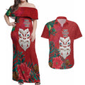 Maori Wheku Meri Kirihimete Personalised Couples Matching Off Shoulder Maxi Dress and Hawaiian Shirt All Red Indigenous Maori Motif - Aussie Hoodie