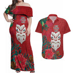 Maori Wheku Meri Kirihimete Personalised Couples Matching Off Shoulder Maxi Dress and Hawaiian Shirt All Red Indigenous Maori Motif - Aussie Hoodie