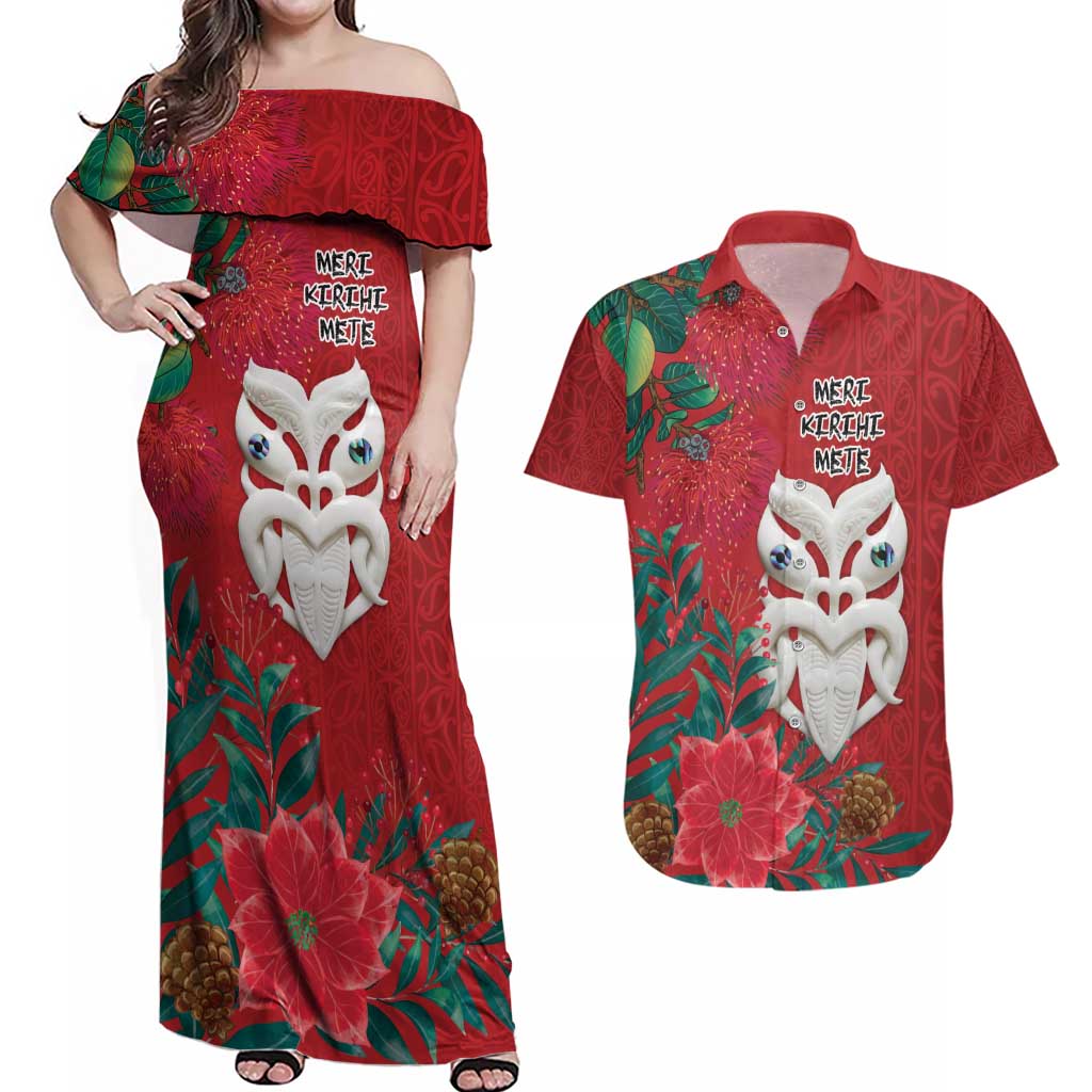 Maori Wheku Meri Kirihimete Personalised Couples Matching Off Shoulder Maxi Dress and Hawaiian Shirt All Red Indigenous Maori Motif - Aussie Hoodie