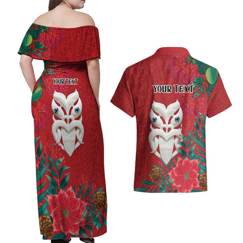 Maori Wheku Meri Kirihimete Personalised Couples Matching Off Shoulder Maxi Dress and Hawaiian Shirt All Red Indigenous Maori Motif - Aussie Hoodie