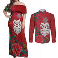 Maori Wheku Meri Kirihimete Personalised Couples Matching Off Shoulder Maxi Dress and Long Sleeve Button Shirt All Red Indigenous Maori Motif - Aussie Hoodie