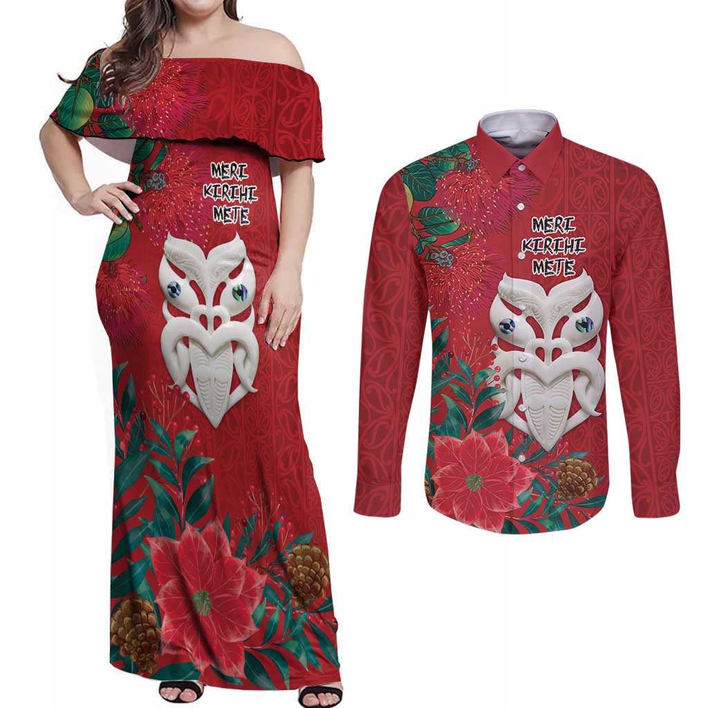 Maori Wheku Meri Kirihimete Personalised Couples Matching Off Shoulder Maxi Dress and Long Sleeve Button Shirt All Red Indigenous Maori Motif - Aussie Hoodie
