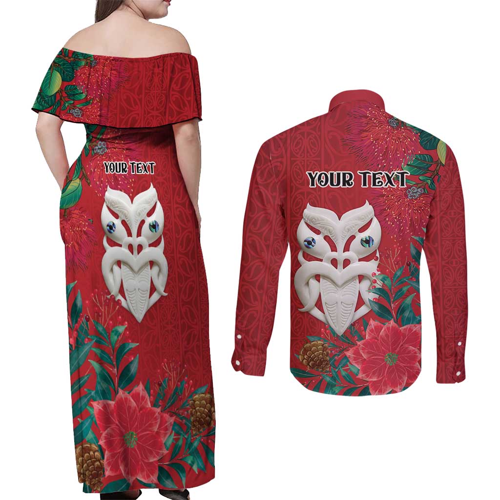 Maori Wheku Meri Kirihimete Personalised Couples Matching Off Shoulder Maxi Dress and Long Sleeve Button Shirt All Red Indigenous Maori Motif - Aussie Hoodie