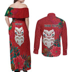 Maori Wheku Meri Kirihimete Personalised Couples Matching Off Shoulder Maxi Dress and Long Sleeve Button Shirt All Red Indigenous Maori Motif - Aussie Hoodie