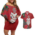 Maori Wheku Meri Kirihimete Personalised Couples Matching Off Shoulder Short Dress and Hawaiian Shirt All Red Indigenous Maori Motif - Aussie Hoodie
