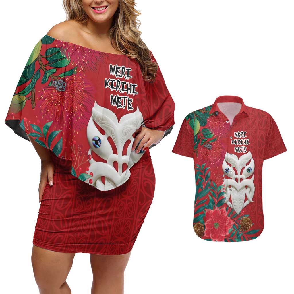 Maori Wheku Meri Kirihimete Personalised Couples Matching Off Shoulder Short Dress and Hawaiian Shirt All Red Indigenous Maori Motif - Aussie Hoodie