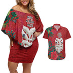 Maori Wheku Meri Kirihimete Personalised Couples Matching Off Shoulder Short Dress and Hawaiian Shirt All Red Indigenous Maori Motif - Aussie Hoodie