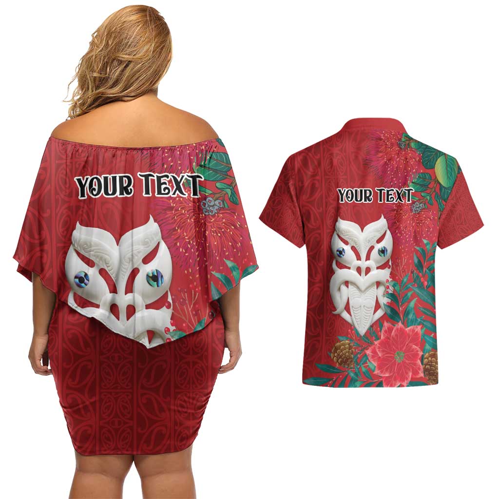 Maori Wheku Meri Kirihimete Personalised Couples Matching Off Shoulder Short Dress and Hawaiian Shirt All Red Indigenous Maori Motif - Aussie Hoodie