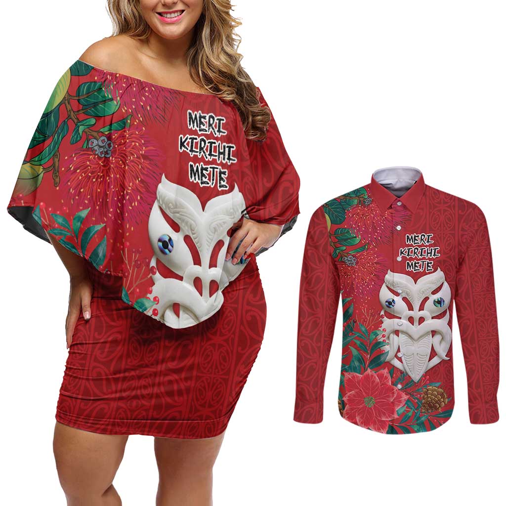 Maori Wheku Meri Kirihimete Personalised Couples Matching Off Shoulder Short Dress and Long Sleeve Button Shirt All Red Indigenous Maori Motif - Aussie Hoodie