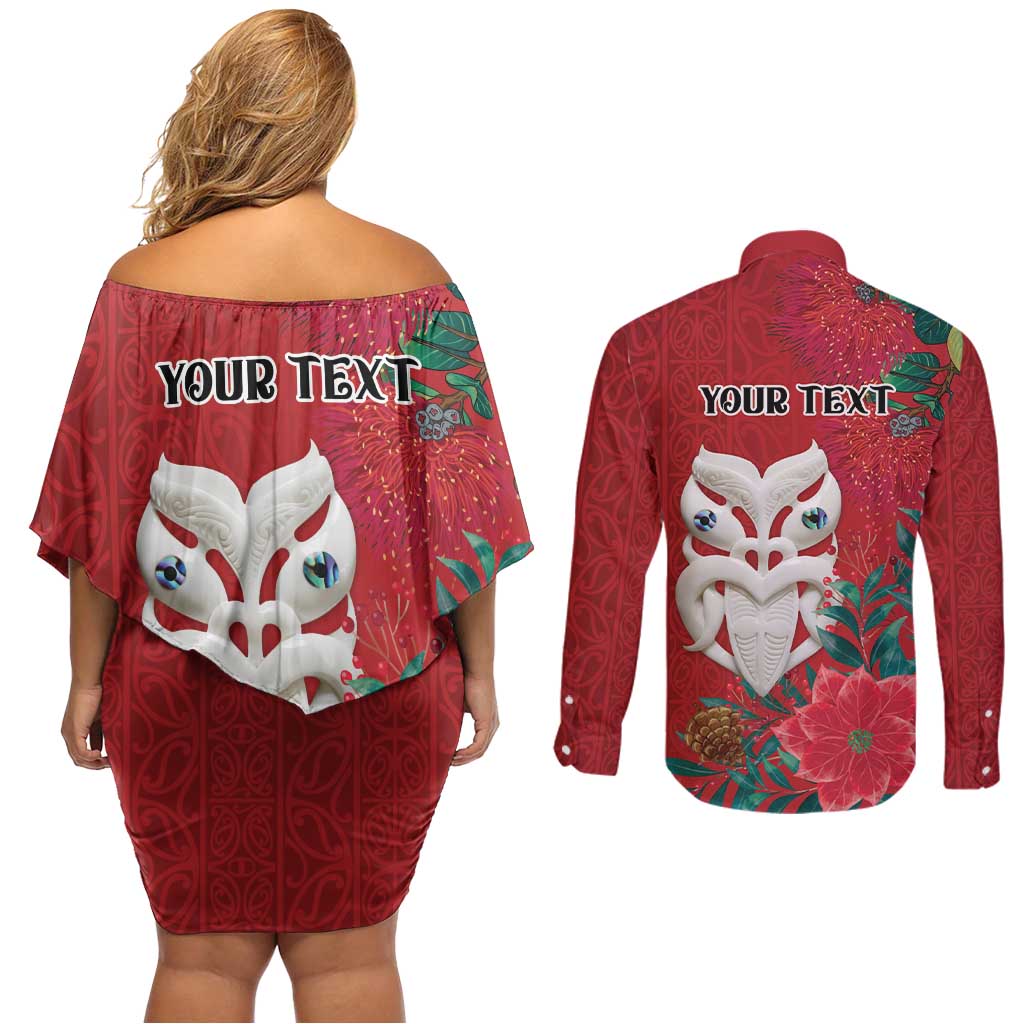 Maori Wheku Meri Kirihimete Personalised Couples Matching Off Shoulder Short Dress and Long Sleeve Button Shirt All Red Indigenous Maori Motif - Aussie Hoodie