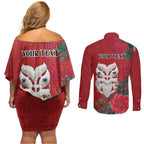 Maori Wheku Meri Kirihimete Personalised Couples Matching Off Shoulder Short Dress and Long Sleeve Button Shirt All Red Indigenous Maori Motif - Aussie Hoodie