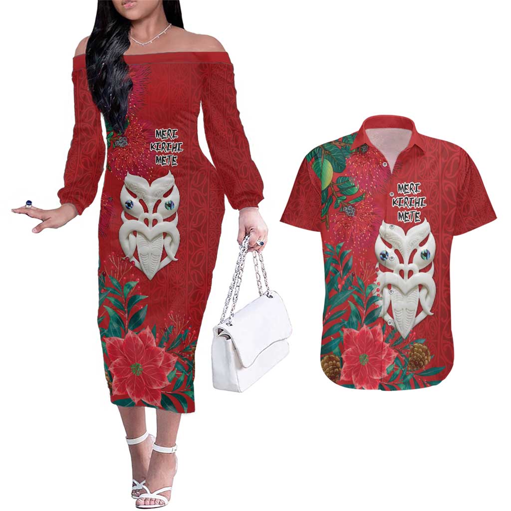 Maori Wheku Meri Kirihimete Personalised Couples Matching Off The Shoulder Long Sleeve Dress and Hawaiian Shirt All Red Indigenous Maori Motif - Aussie Hoodie