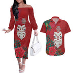 Maori Wheku Meri Kirihimete Personalised Couples Matching Off The Shoulder Long Sleeve Dress and Hawaiian Shirt All Red Indigenous Maori Motif - Aussie Hoodie