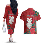 Maori Wheku Meri Kirihimete Personalised Couples Matching Off The Shoulder Long Sleeve Dress and Hawaiian Shirt All Red Indigenous Maori Motif - Aussie Hoodie