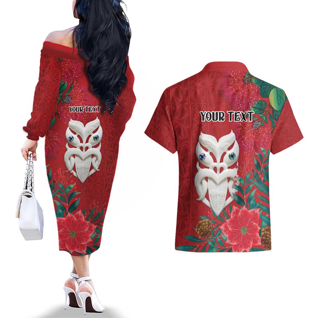 Maori Wheku Meri Kirihimete Personalised Couples Matching Off The Shoulder Long Sleeve Dress and Hawaiian Shirt All Red Indigenous Maori Motif - Aussie Hoodie
