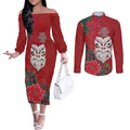 Maori Wheku Meri Kirihimete Personalised Couples Matching Off The Shoulder Long Sleeve Dress and Long Sleeve Button Shirt All Red Indigenous Maori Motif - Aussie Hoodie