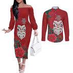 Maori Wheku Meri Kirihimete Personalised Couples Matching Off The Shoulder Long Sleeve Dress and Long Sleeve Button Shirt All Red Indigenous Maori Motif - Aussie Hoodie