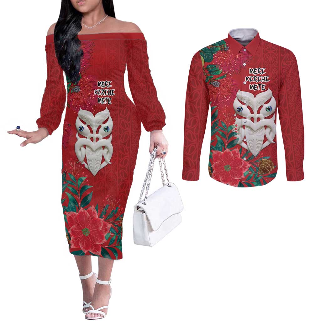 Maori Wheku Meri Kirihimete Personalised Couples Matching Off The Shoulder Long Sleeve Dress and Long Sleeve Button Shirt All Red Indigenous Maori Motif - Aussie Hoodie