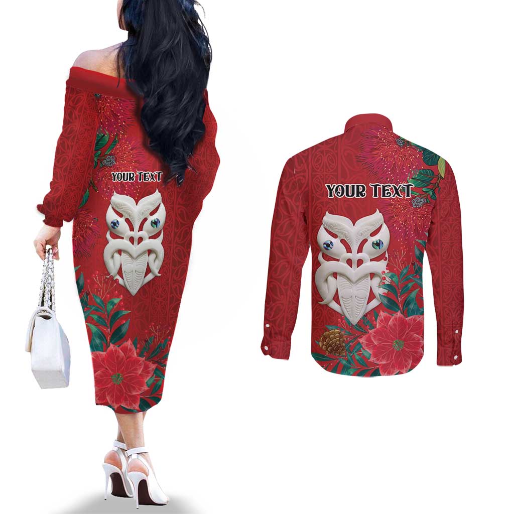 Maori Wheku Meri Kirihimete Personalised Couples Matching Off The Shoulder Long Sleeve Dress and Long Sleeve Button Shirt All Red Indigenous Maori Motif - Aussie Hoodie