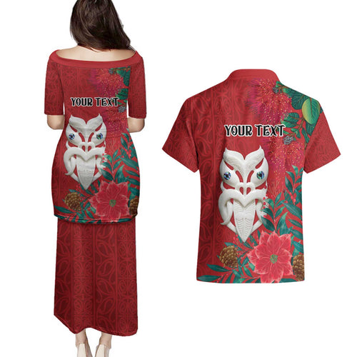 Maori Wheku Meri Kirihimete Personalised Couples Matching Puletasi and Hawaiian Shirt All Red Indigenous Maori Motif - Aussie Hoodie