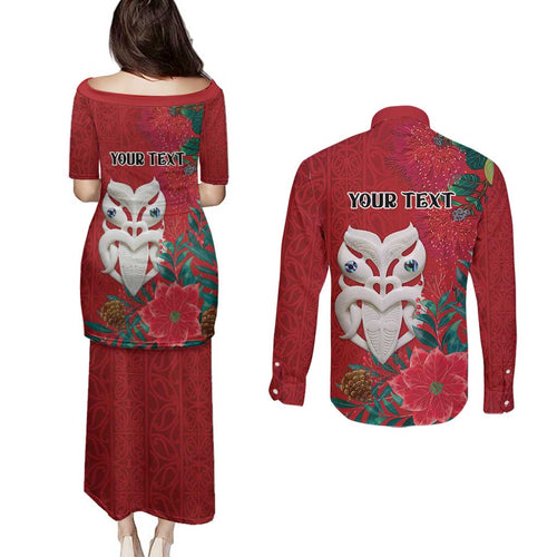 Maori Wheku Meri Kirihimete Personalised Couples Matching Puletasi and Long Sleeve Button Shirt All Red Indigenous Maori Motif - Aussie Hoodie