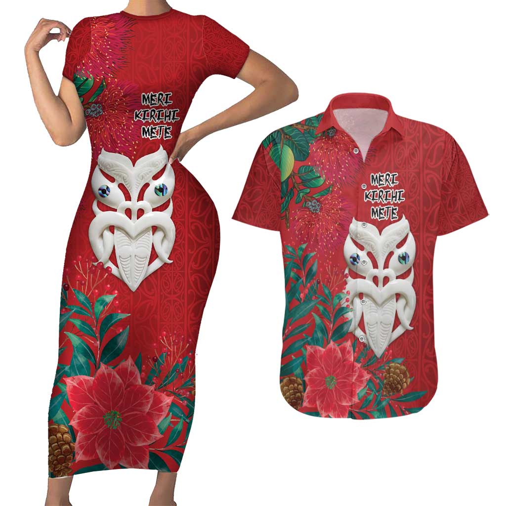 Maori Wheku Meri Kirihimete Personalised Couples Matching Short Sleeve Bodycon Dress and Hawaiian Shirt All Red Indigenous Maori Motif - Aussie Hoodie