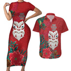 Maori Wheku Meri Kirihimete Personalised Couples Matching Short Sleeve Bodycon Dress and Hawaiian Shirt All Red Indigenous Maori Motif - Aussie Hoodie