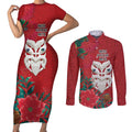 Maori Wheku Meri Kirihimete Personalised Couples Matching Short Sleeve Bodycon Dress and Long Sleeve Button Shirt All Red Indigenous Maori Motif - Aussie Hoodie