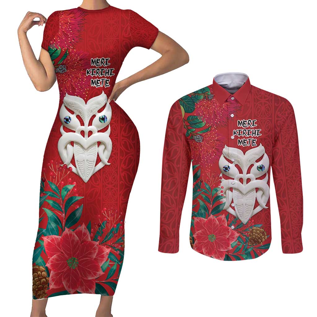 Maori Wheku Meri Kirihimete Personalised Couples Matching Short Sleeve Bodycon Dress and Long Sleeve Button Shirt All Red Indigenous Maori Motif - Aussie Hoodie