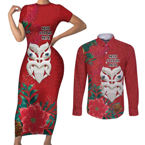 Maori Wheku Meri Kirihimete Personalised Couples Matching Short Sleeve Bodycon Dress and Long Sleeve Button Shirt All Red Indigenous Maori Motif - Aussie Hoodie