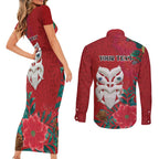Maori Wheku Meri Kirihimete Personalised Couples Matching Short Sleeve Bodycon Dress and Long Sleeve Button Shirt All Red Indigenous Maori Motif - Aussie Hoodie