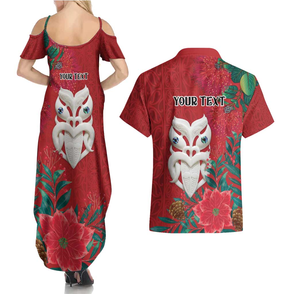 Maori Wheku Meri Kirihimete Personalised Couples Matching Summer Maxi Dress and Hawaiian Shirt All Red Indigenous Maori Motif - Aussie Hoodie