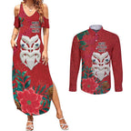 Maori Wheku Meri Kirihimete Personalised Couples Matching Summer Maxi Dress and Long Sleeve Button Shirt All Red Indigenous Maori Motif - Aussie Hoodie