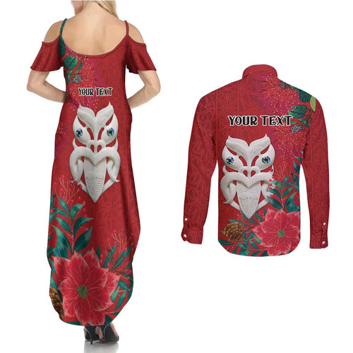 Maori Wheku Meri Kirihimete Personalised Couples Matching Summer Maxi Dress and Long Sleeve Button Shirt All Red Indigenous Maori Motif - Aussie Hoodie