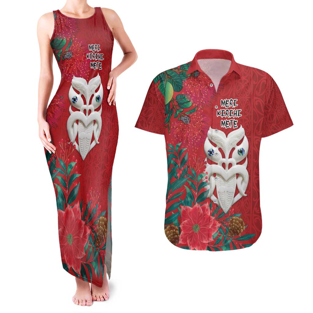 Maori Wheku Meri Kirihimete Personalised Couples Matching Tank Maxi Dress and Hawaiian Shirt All Red Indigenous Maori Motif - Aussie Hoodie