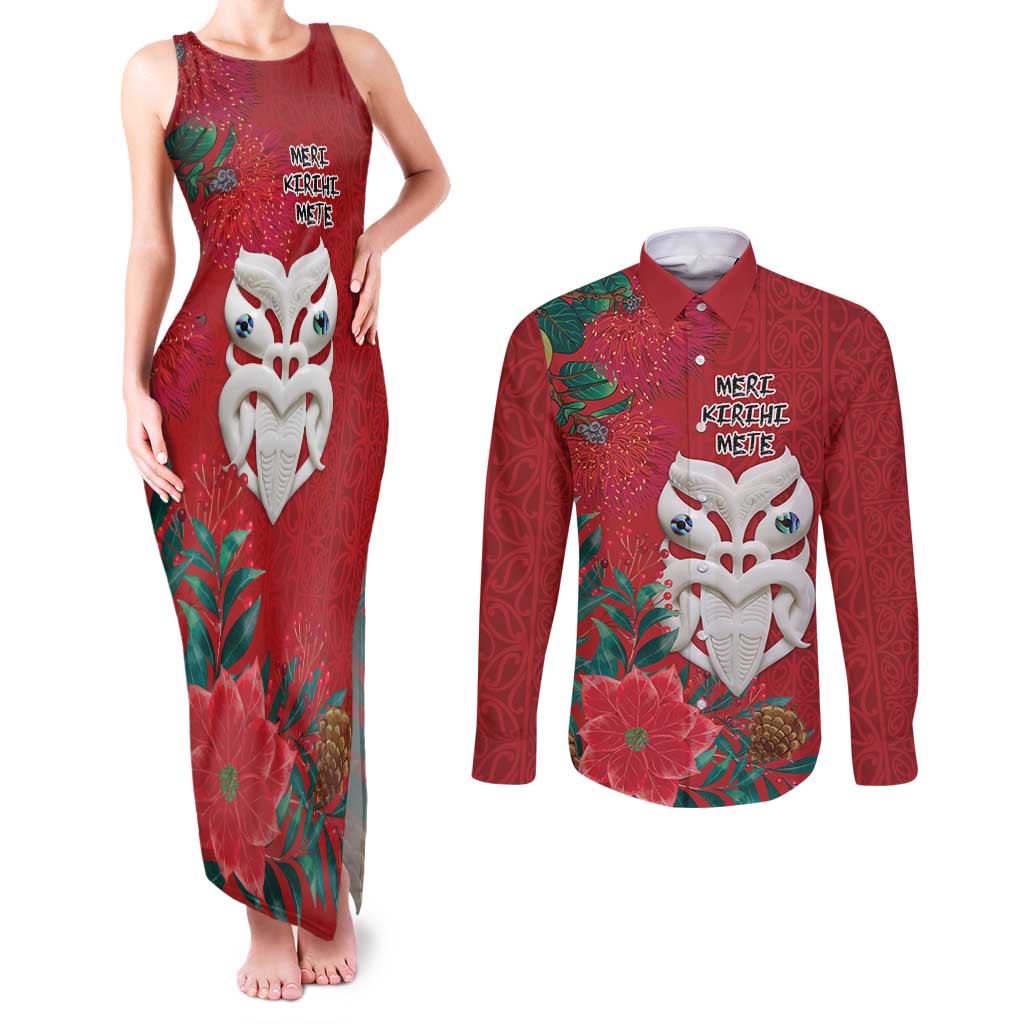 Maori Wheku Meri Kirihimete Personalised Couples Matching Tank Maxi Dress and Long Sleeve Button Shirt All Red Indigenous Maori Motif - Aussie Hoodie